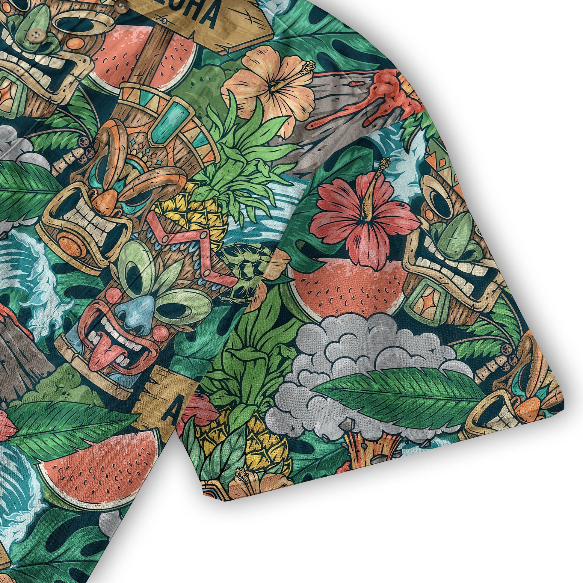 Tiki Mask Pattern Hawaiian Shirt, Aloha Floral Pattern Shirt