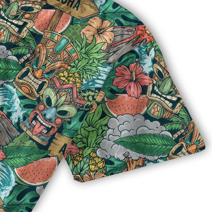 Tiki Mask Pattern Hawaiian Shirt, Aloha Floral Pattern Shirt