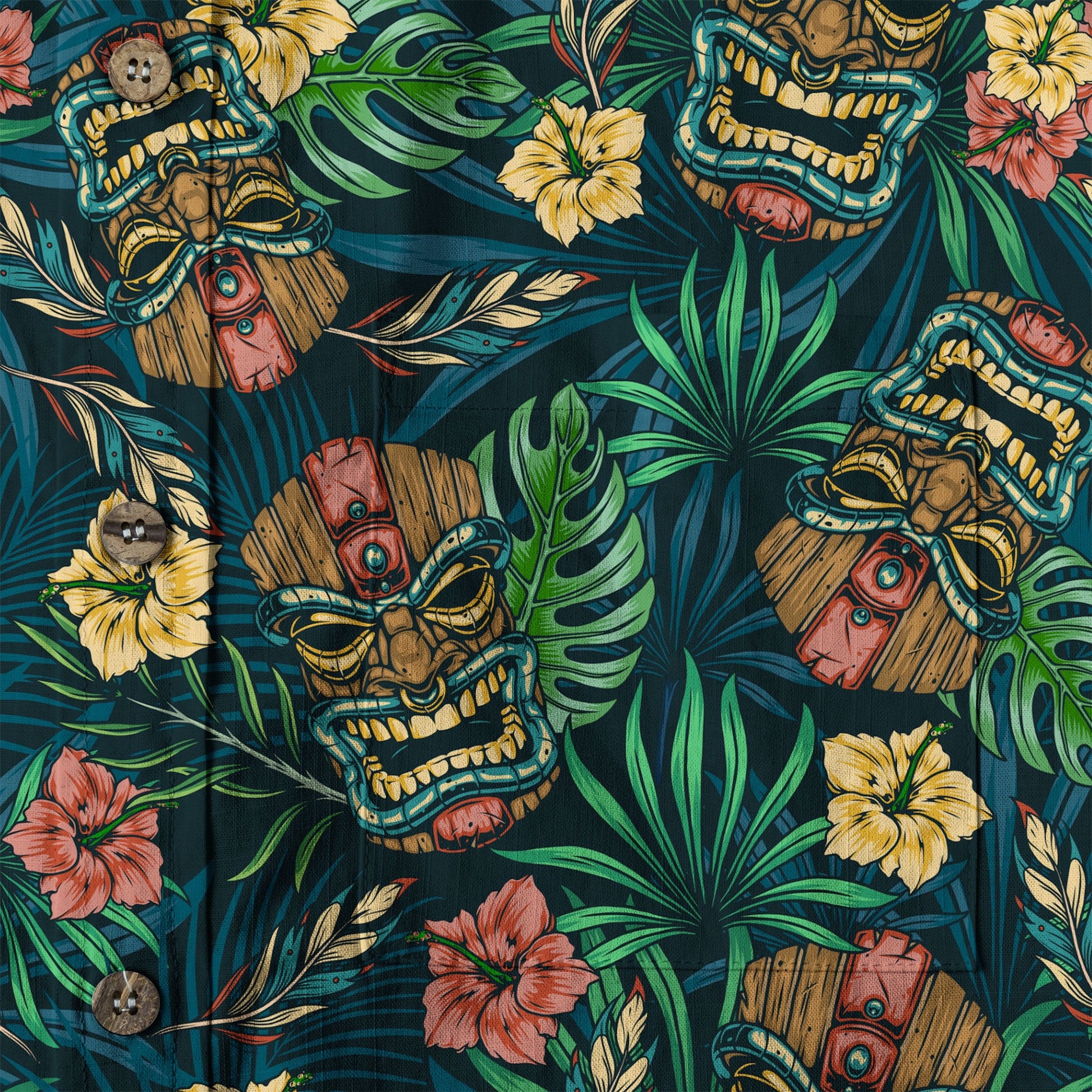Tropical Tiki Mask Hawaiian Shirts, Flamingo Hawaii Button Down Shirt