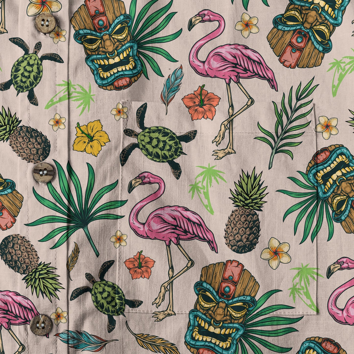 Tropical Tiki Mask Hawaiian Shirts, Flamingo Hawaii Button Down Shirt