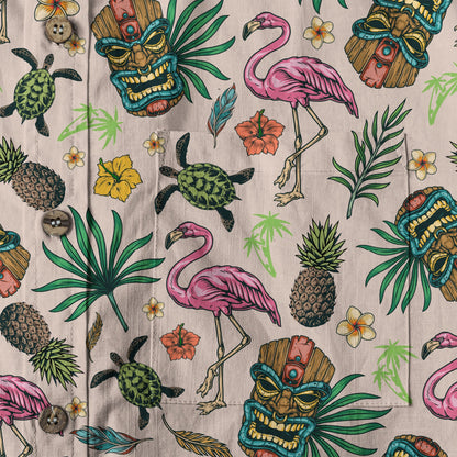 Tropical Tiki Mask Hawaiian Shirts, Flamingo Hawaii Button Down Shirt