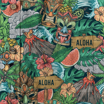 Tiki Mask Pattern Hawaiian Shirt, Aloha Floral Pattern Shirt