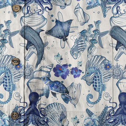 Vintage Ocean Print Hawaiian Shirts for Men Women, Sea Animal Aloha Summer Beach Shirt