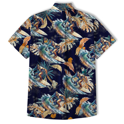 Camo Bigfoot Hibiscus Sasquatch Summer Beach Aloha Short Sleeve Button Down Hawaiian Shirt