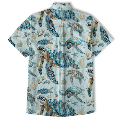Blue Tribal Sea Turtle Hawaiian Shirt, Aloha Tropical Summer Beach Button Up Shirt