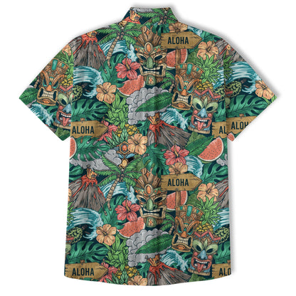 Tiki Mask Pattern Hawaiian Shirt, Aloha Floral Pattern Shirt