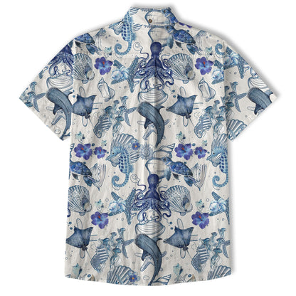 Vintage Ocean Print Hawaiian Shirts for Men Women, Sea Animal Aloha Summer Beach Shirt