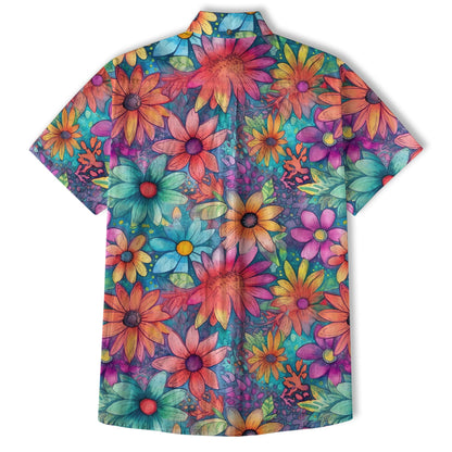 Colorful Hippie Flowers Patterns Hawaii Shirt, Groovy Floral Pattern Hawaiian Shirt for Men Women
