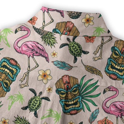 Tropical Tiki Mask Hawaiian Shirts, Flamingo Hawaii Button Down Shirt