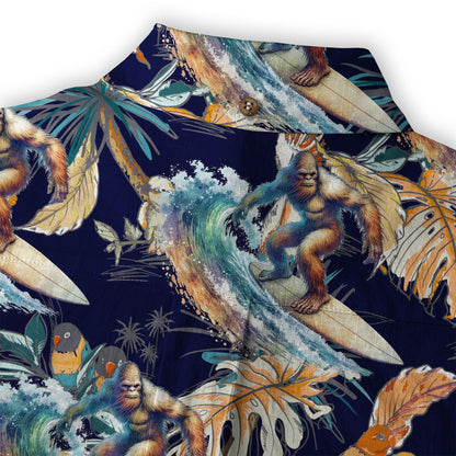 Camo Bigfoot Hibiscus Sasquatch Summer Beach Aloha Short Sleeve Button Down Hawaiian Shirt
