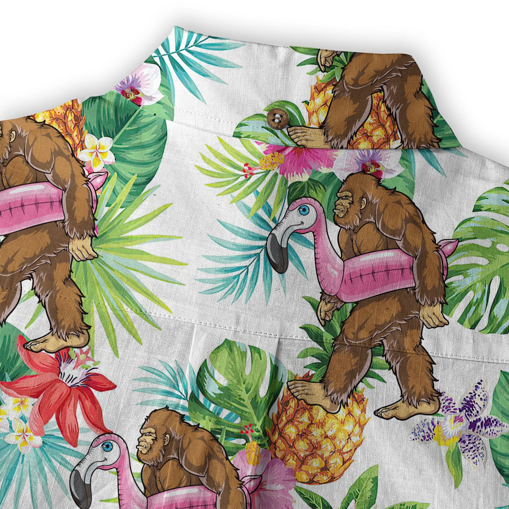 Camo Bigfoot Hibiscus Sasquatch Summer Beach Aloha Short Sleeve Button Down Hawaiian Shirt