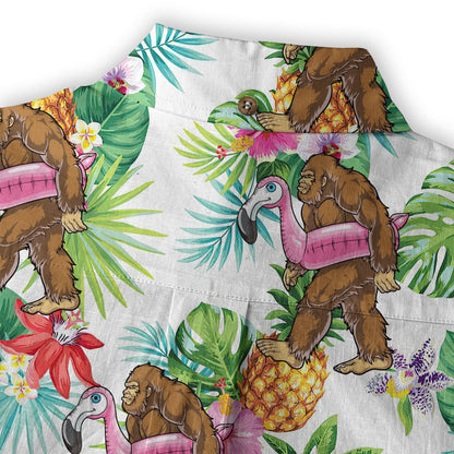 Camo Bigfoot Hibiscus Sasquatch Summer Beach Aloha Short Sleeve Button Down Hawaiian Shirt