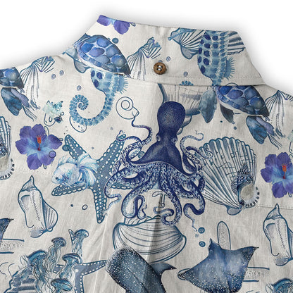 Vintage Ocean Print Hawaiian Shirts for Men Women, Sea Animal Aloha Summer Beach Shirt
