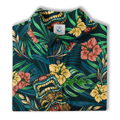 Tropical Tiki Mask Hawaiian Shirts, Flamingo Hawaii Button Down Shirt