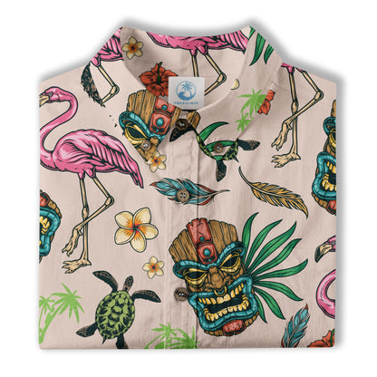 Tropical Tiki Mask Hawaiian Shirts, Flamingo Hawaii Button Down Shirt