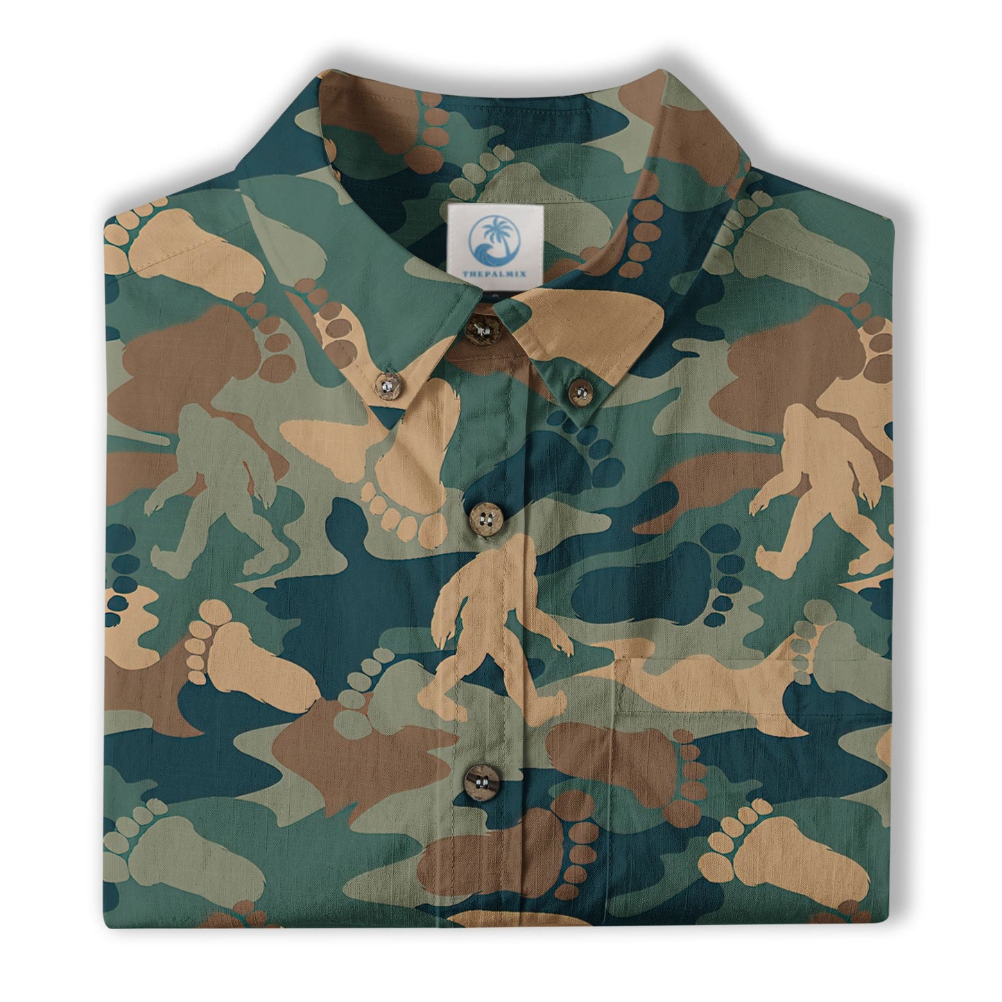 Camo Bigfoot Hibiscus Sasquatch Summer Beach Aloha Short Sleeve Button Down Hawaiian Shirt