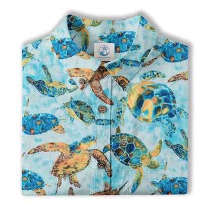 Turtle Floral Aloha Beach Shirt, Blue Ocean Turtle Hawaii Shirt