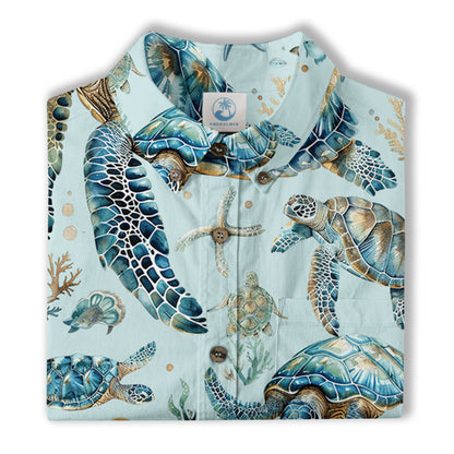 Blue Tribal Sea Turtle Hawaiian Shirt, Aloha Tropical Summer Beach Button Up Shirt