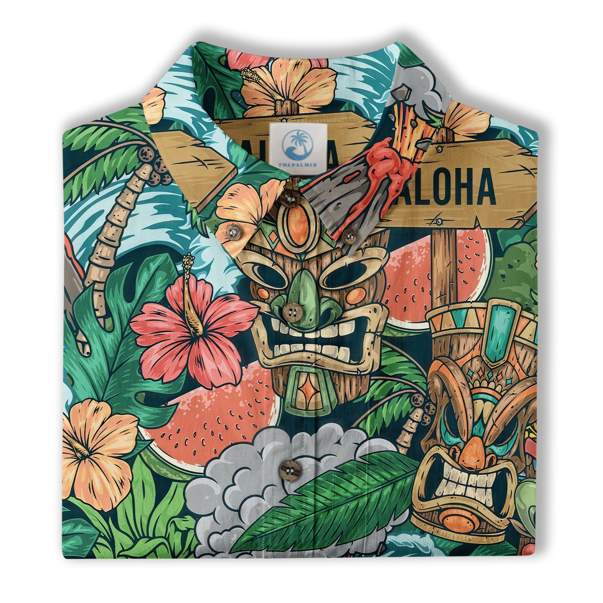 Tiki Mask Pattern Hawaiian Shirt, Aloha Floral Pattern Shirt