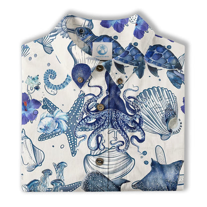 Vintage Ocean Print Hawaiian Shirts for Men Women, Sea Animal Aloha Summer Beach Shirt