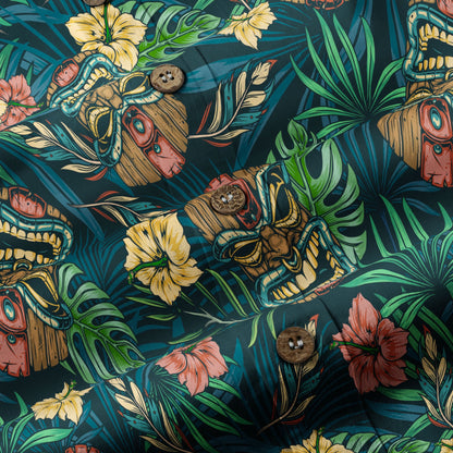 Tropical Tiki Mask Hawaiian Shirts, Flamingo Hawaii Button Down Shirt