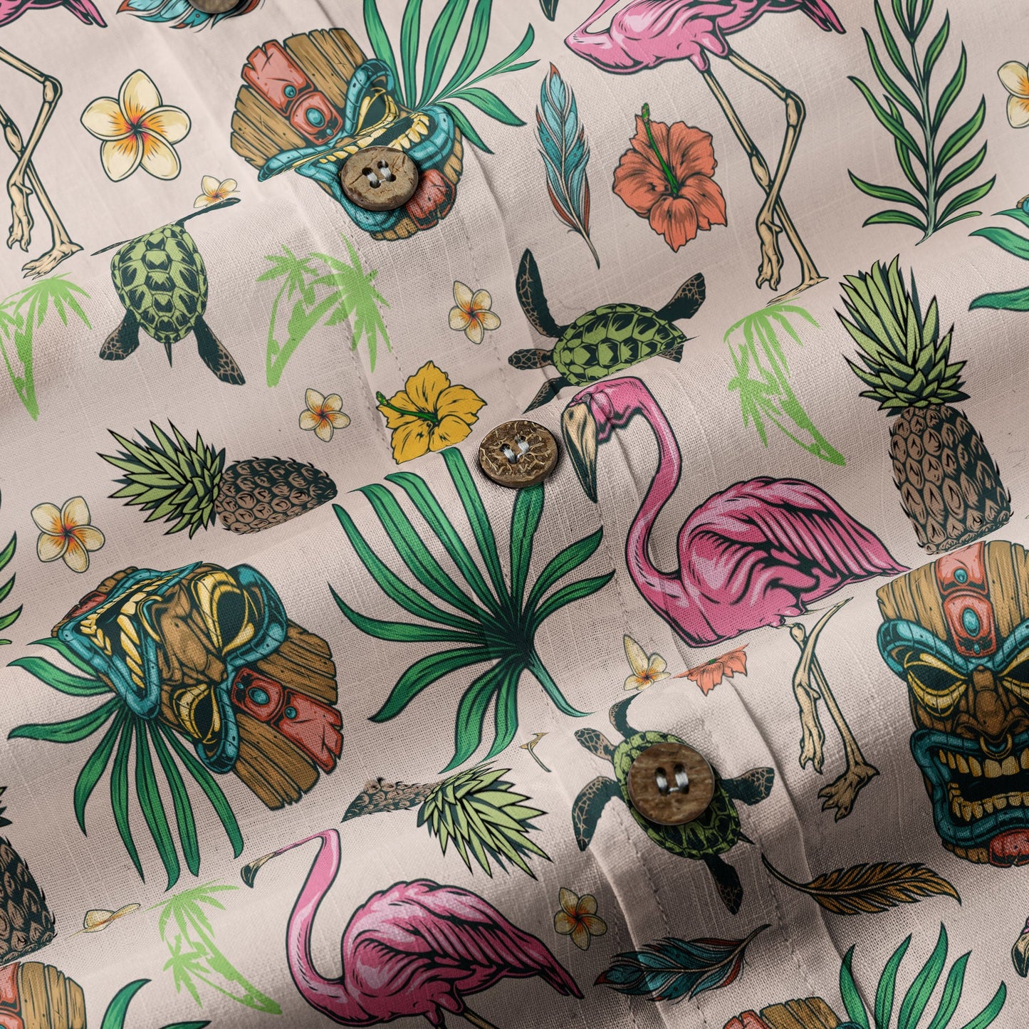 Tropical Tiki Mask Hawaiian Shirts, Flamingo Hawaii Button Down Shirt
