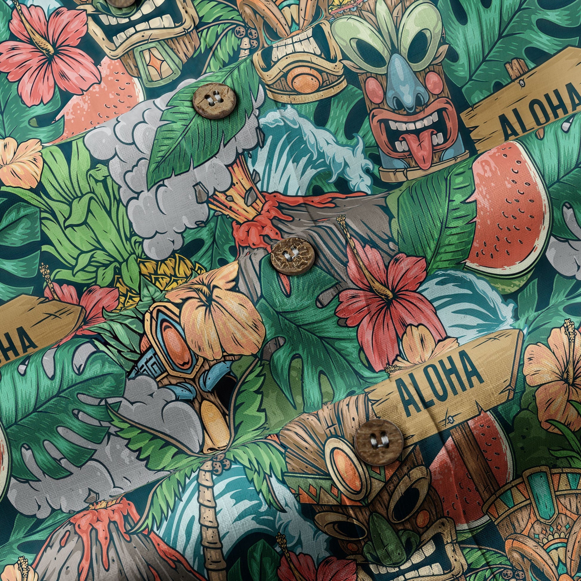Tiki Mask Pattern Hawaiian Shirt, Aloha Floral Pattern Shirt