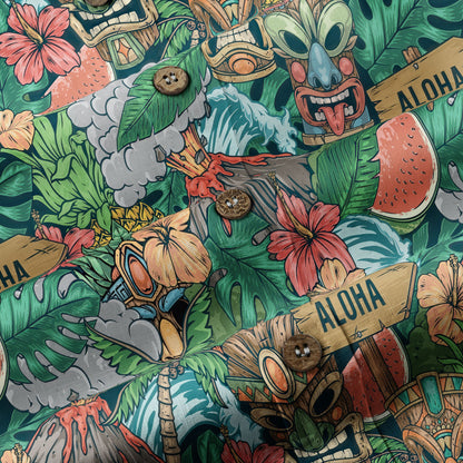 Tiki Mask Pattern Hawaiian Shirt, Aloha Floral Pattern Shirt