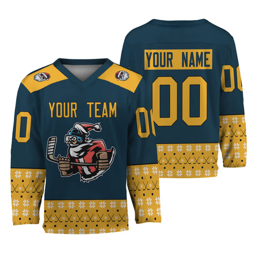 Personalize Christmas Hockey Noel Awesome Navy And Yellow Hockey Jersey