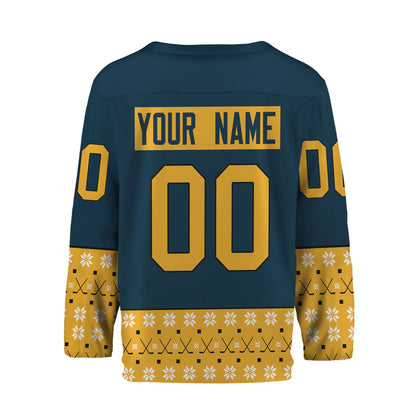 Personalize Christmas Hockey Noel Awesome Navy And Yellow Hockey Jersey