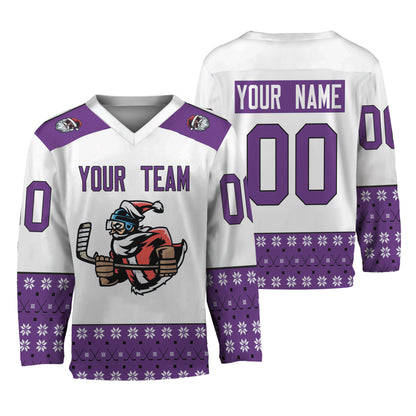 Personalize Christmas Hockey Noel Awesome Purple And White Hockey Jersey