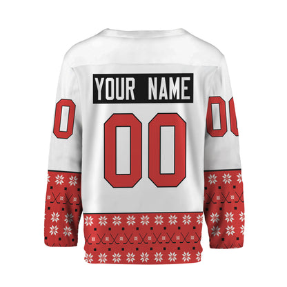 Personalize Christmas Hockey Noel Awesome Red and White Hockey Jersey