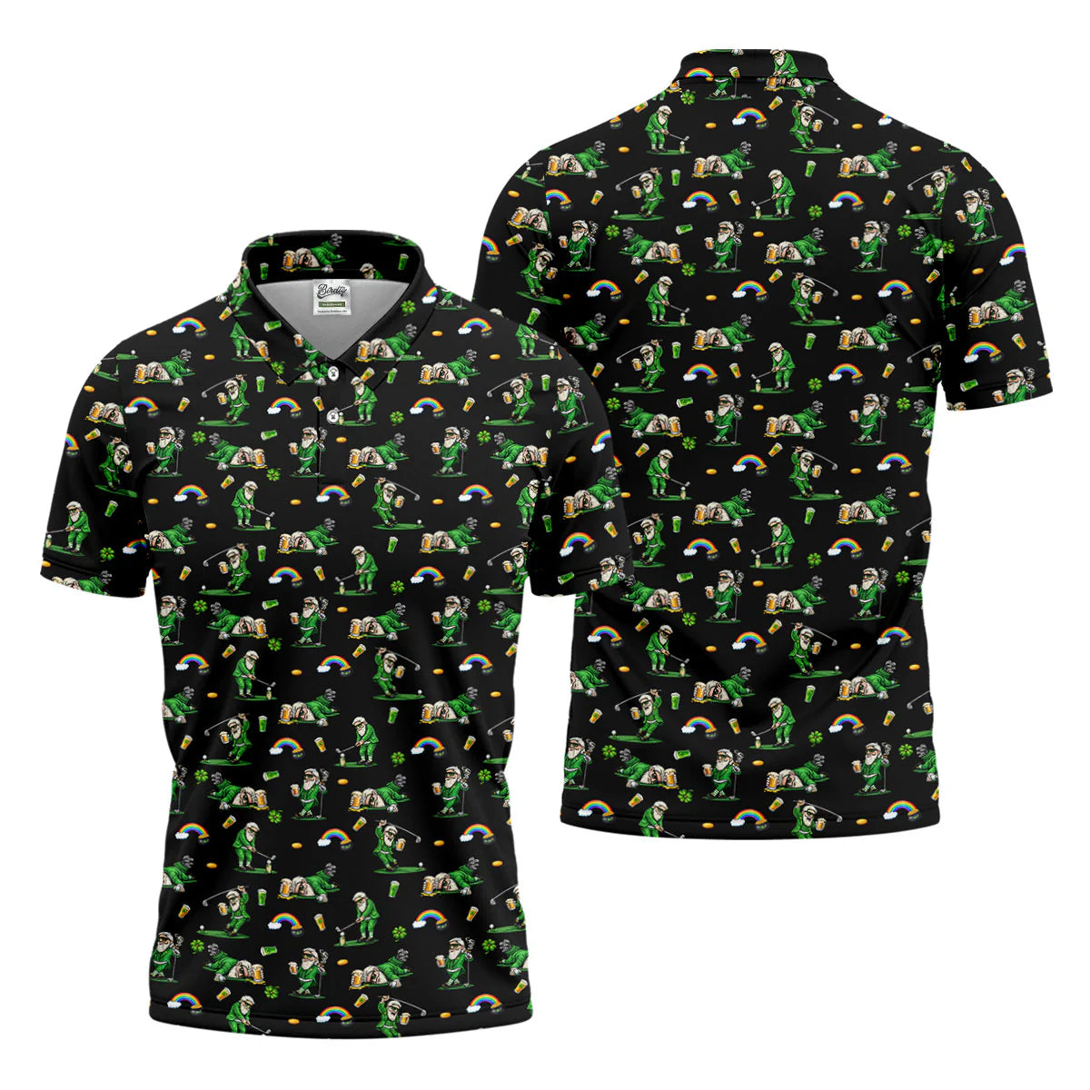 St Patrick's Day Leprechaun Character Golf And Beer Black Golf Shirt