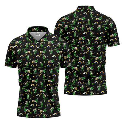 St Patrick's Day Leprechaun Character Golf And Beer Black Golf Shirt