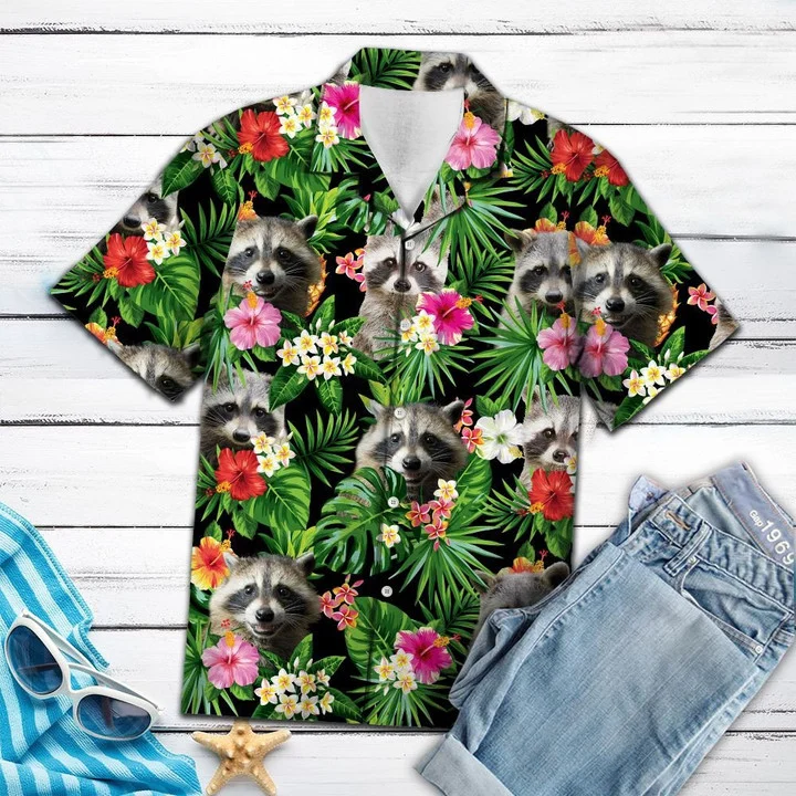 Raccoon Among Vivid Flowers And Leaves Hawaiian Shirt HO1607