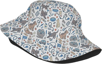 Veterinarian Pet Pattern Bucket Hats Summer Sun Beach Travel Outdoor