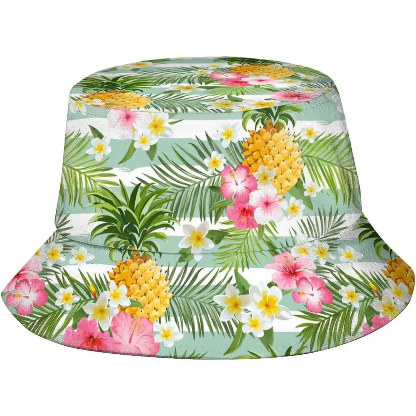 Hawaiian Tropical Floral Print Bucket Hat Pineapple Palm Leaf Pattern Sun Hat
