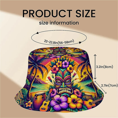 Hawaii Tiki Unisex Printed Fisherman Hat Featuring Palm Trees, Hibiscus Flowers, and Drumsticks, Perfect for Outdoor Activities