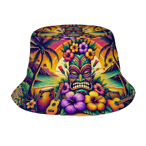 Hawaii Tiki Unisex Printed Fisherman Hat Featuring Palm Trees, Hibiscus Flowers, and Drumsticks, Perfect for Outdoor Activities
