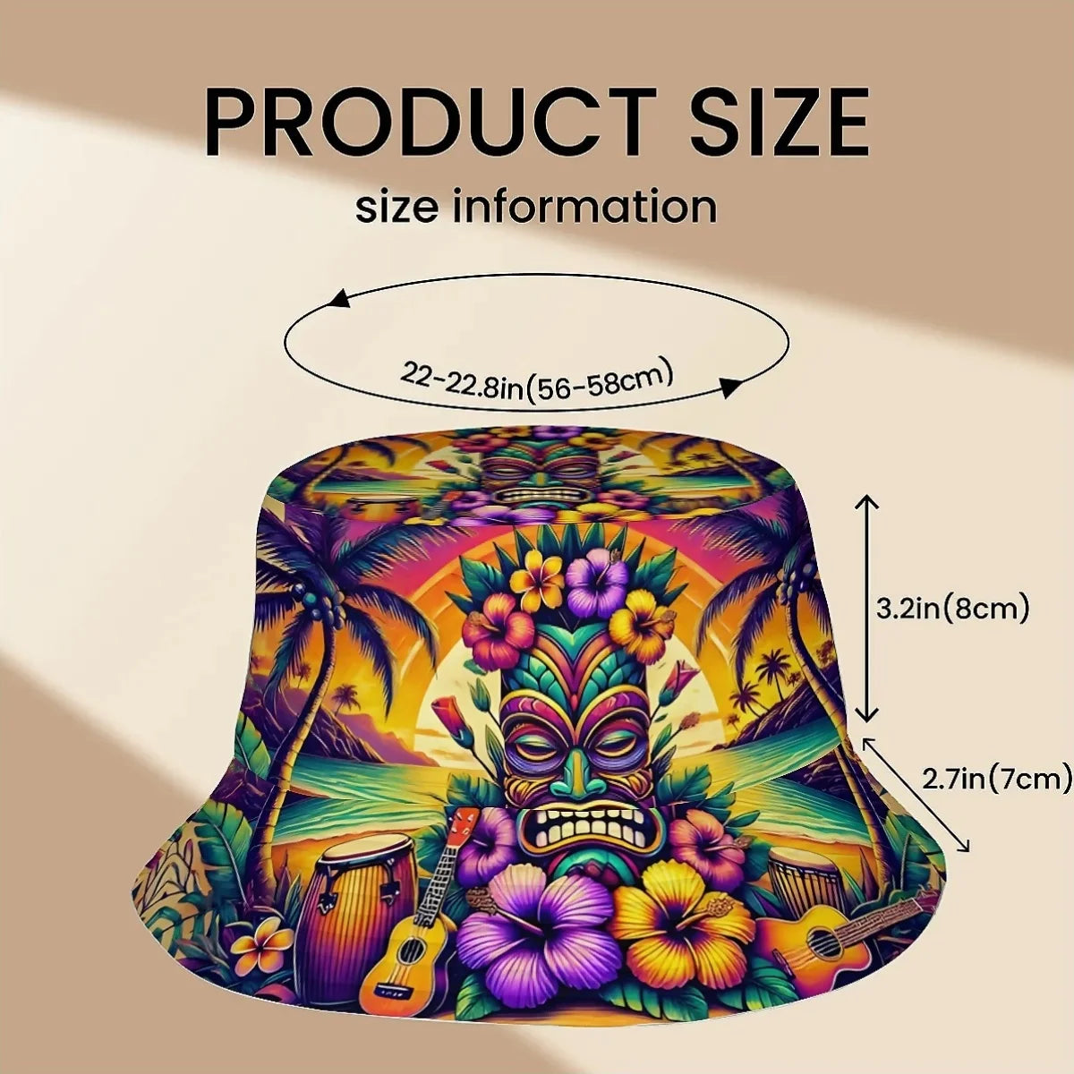 Hawaii Tiki Unisex Printed Fisherman Hat Featuring Palm Trees, Hibiscus Flowers, and Drumsticks, Perfect for Outdoor Activities