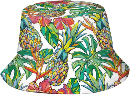 Hawaiian Tropical Floral Print Bucket Hat Pineapple Palm Leaf Pattern Sun Hat