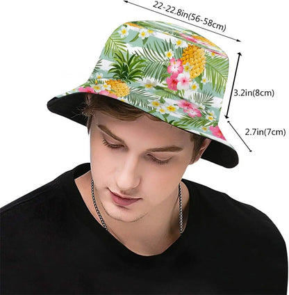 Hawaiian Tropical Floral Print Bucket Hat Pineapple Palm Leaf Pattern Sun Hat