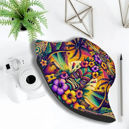 Hawaii Tiki Unisex Printed Fisherman Hat Featuring Palm Trees, Hibiscus Flowers, and Drumsticks, Perfect for Outdoor Activities