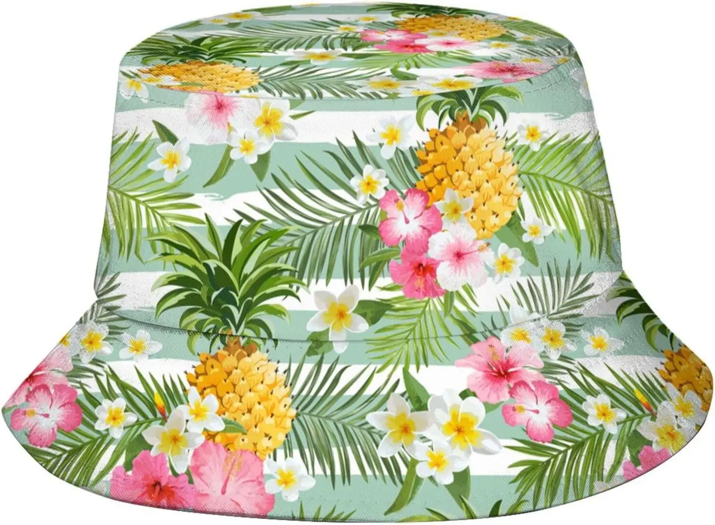 Hawaiian Tropical Floral Print Bucket Hat Pineapple Palm Leaf Pattern Sun Hat