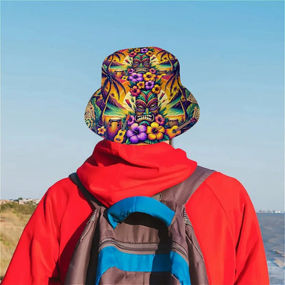 Hawaii Tiki Unisex Printed Fisherman Hat Featuring Palm Trees, Hibiscus Flowers, and Drumsticks, Perfect for Outdoor Activities