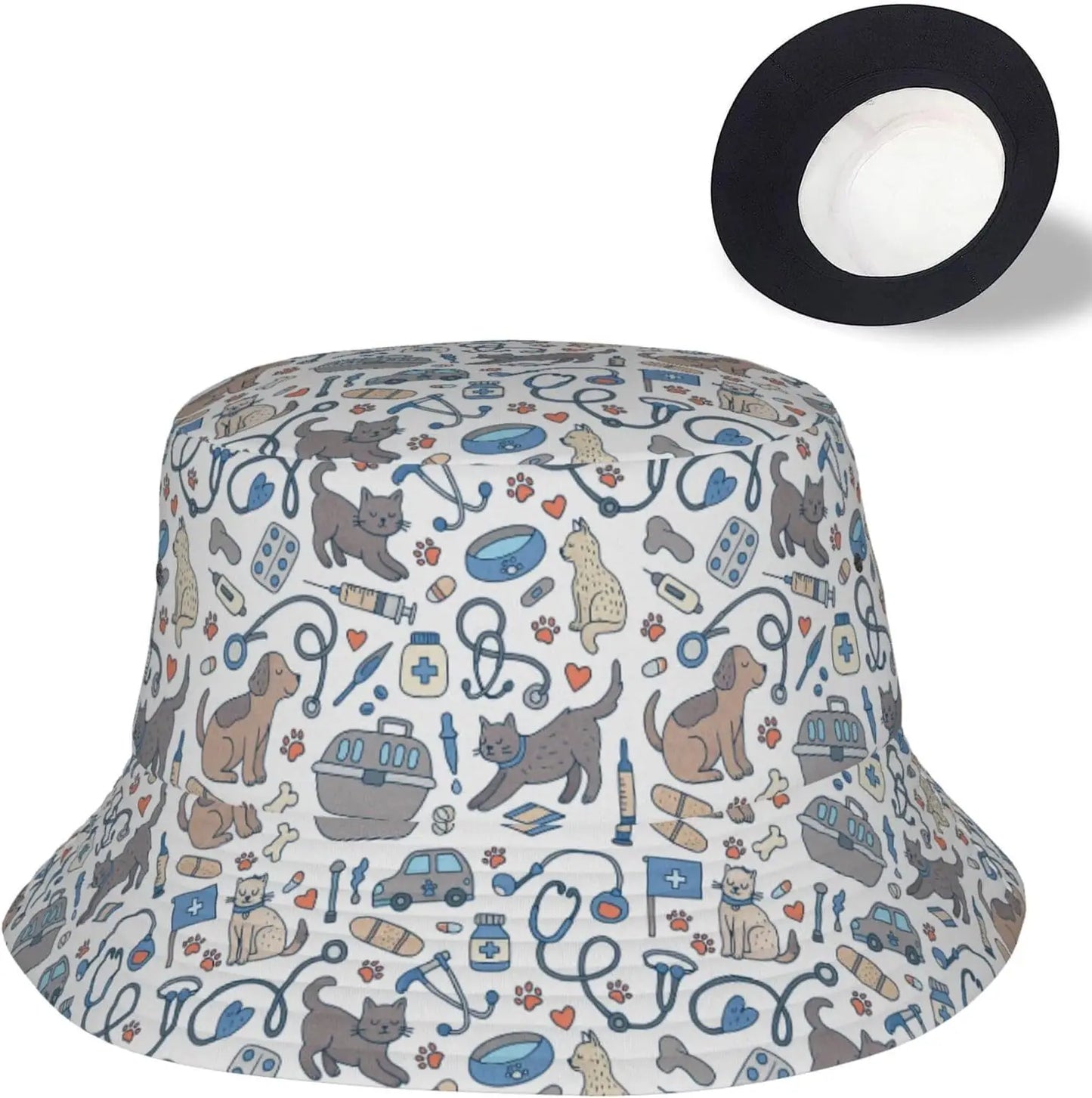 Veterinarian Pet Pattern Bucket Hats Summer Sun Beach Travel Outdoor
