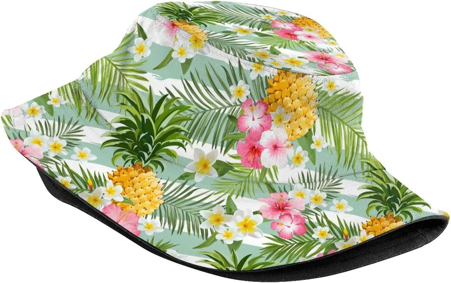 Hawaiian Tropical Floral Print Bucket Hat Pineapple Palm Leaf Pattern Sun Hat