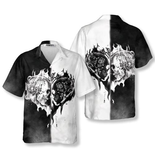 Skull Love Black White Flame Skull Hawaiian Shirt - Primesty