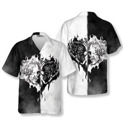 Skull Love Black White Flame Skull Hawaiian Shirt - Primesty