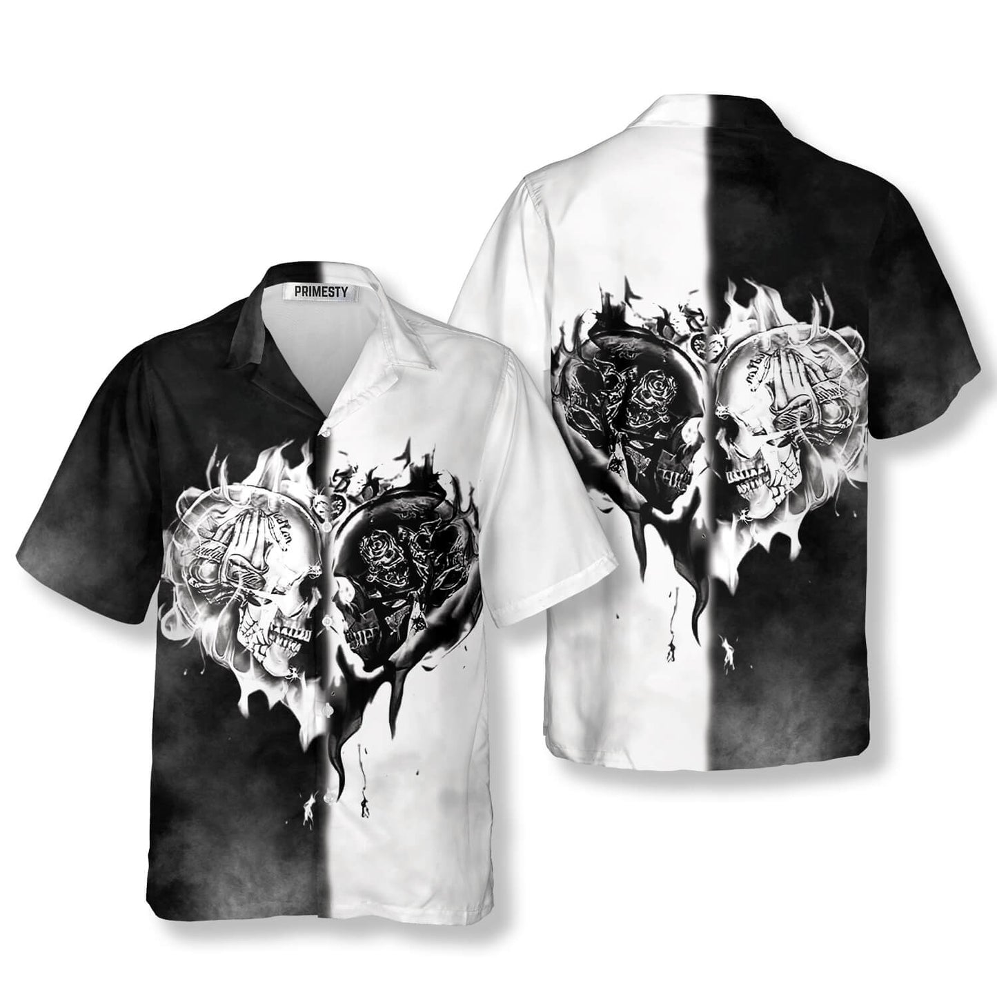 Skull Love Black White Flame Skull Hawaiian Shirt - Primesty